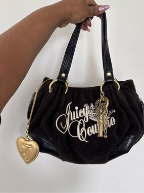Juicy Couture Black Suede Shoulder Bag with Gold Charm Accents